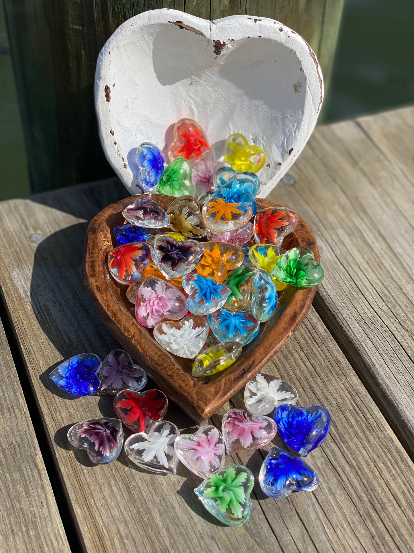 Floral Glass Pocket Hearts in Rainbow Colors- Bulk Pricing Available