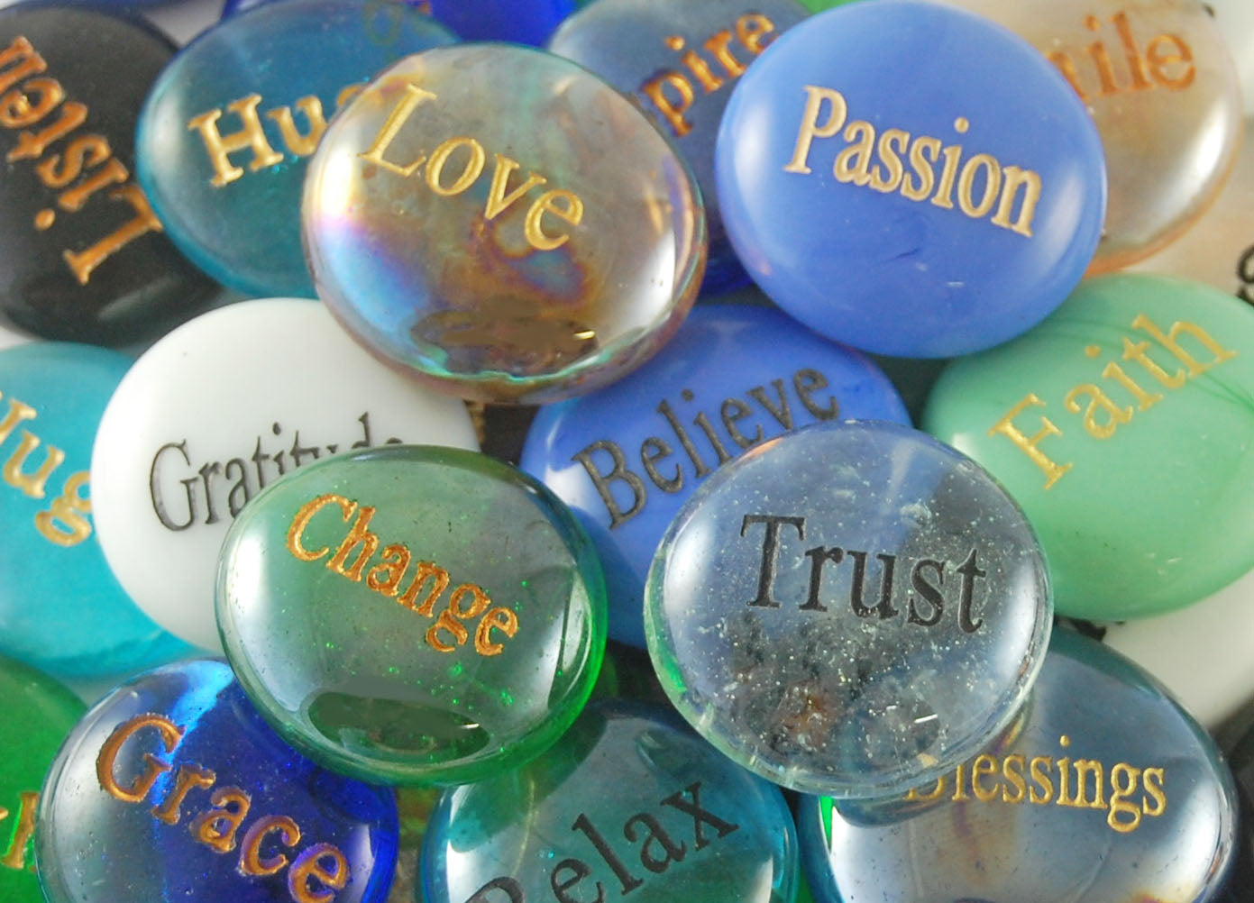 Engraved Colored Glass Word Stones - Single Words