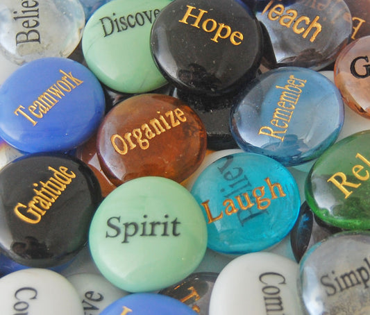 Engraved Colored Glass Word Stones - Bulk Pricing Available