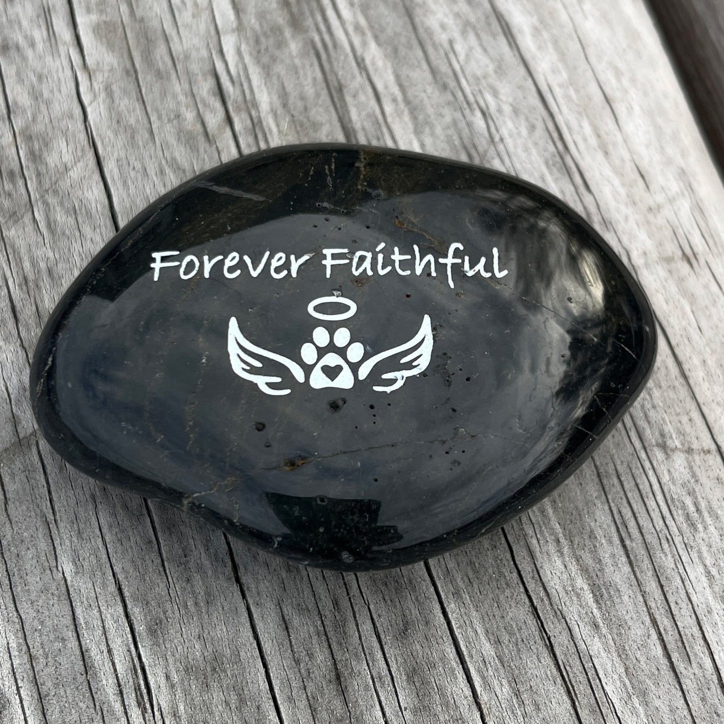 Forever Faithful (pawprint with angel wings)- Engraved River Rock Pet Memento Word Stone