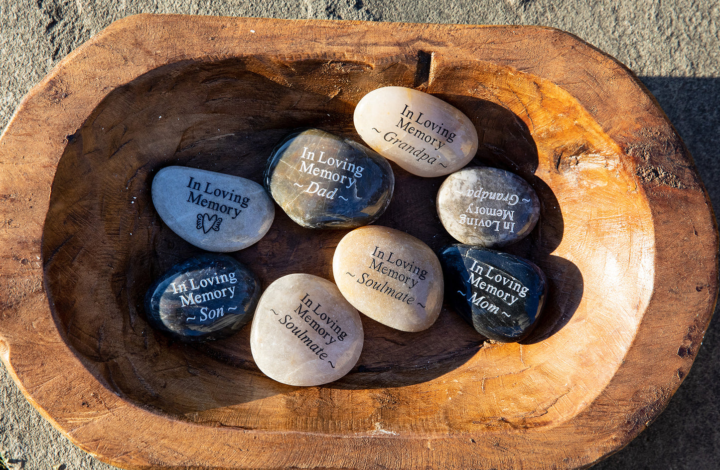 In Loving Memory with Heart Wing Engraved River Rock - Bulk Pricing Available