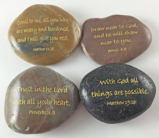 Engraved River Rock Set of 4 Christian Scripture Verses - Set A