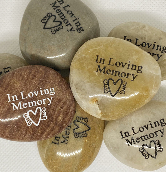 In Loving Memory with Heart Wing Engraved River Rock - Bulk Pricing Available