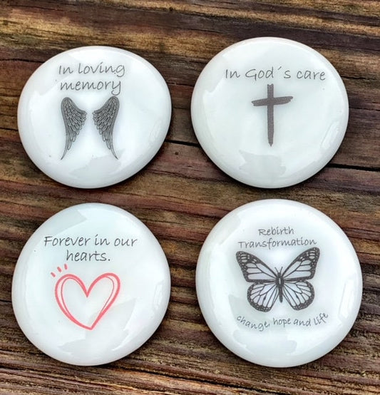 Imprinted Glass Stones - Grief, In Loving Memory, Angel Wings, Bereavement