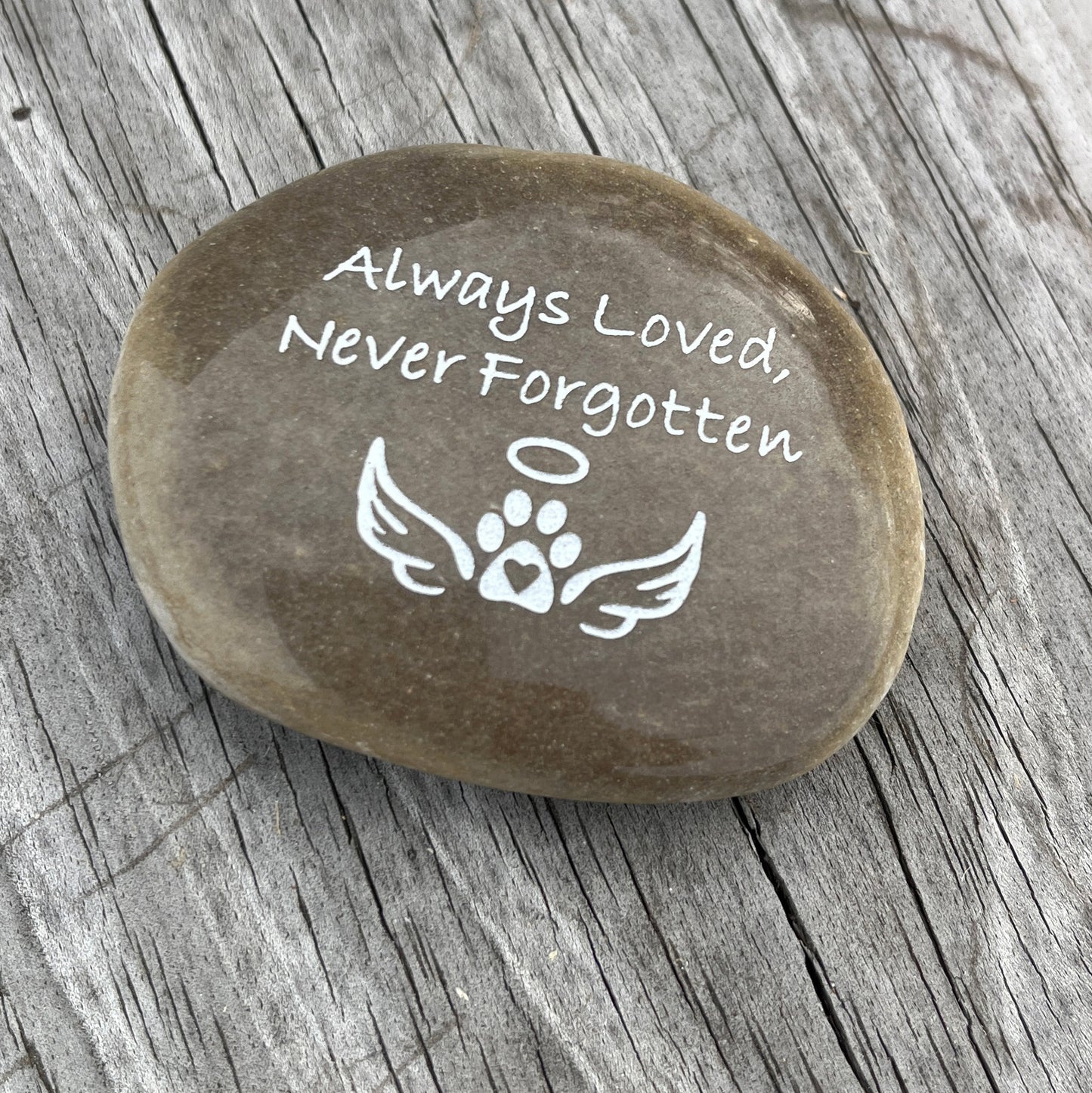 Always Loved, Never Forgotten (Pawprint  Angel Wings)- Engraved River Rock Pet Memento Word Stone