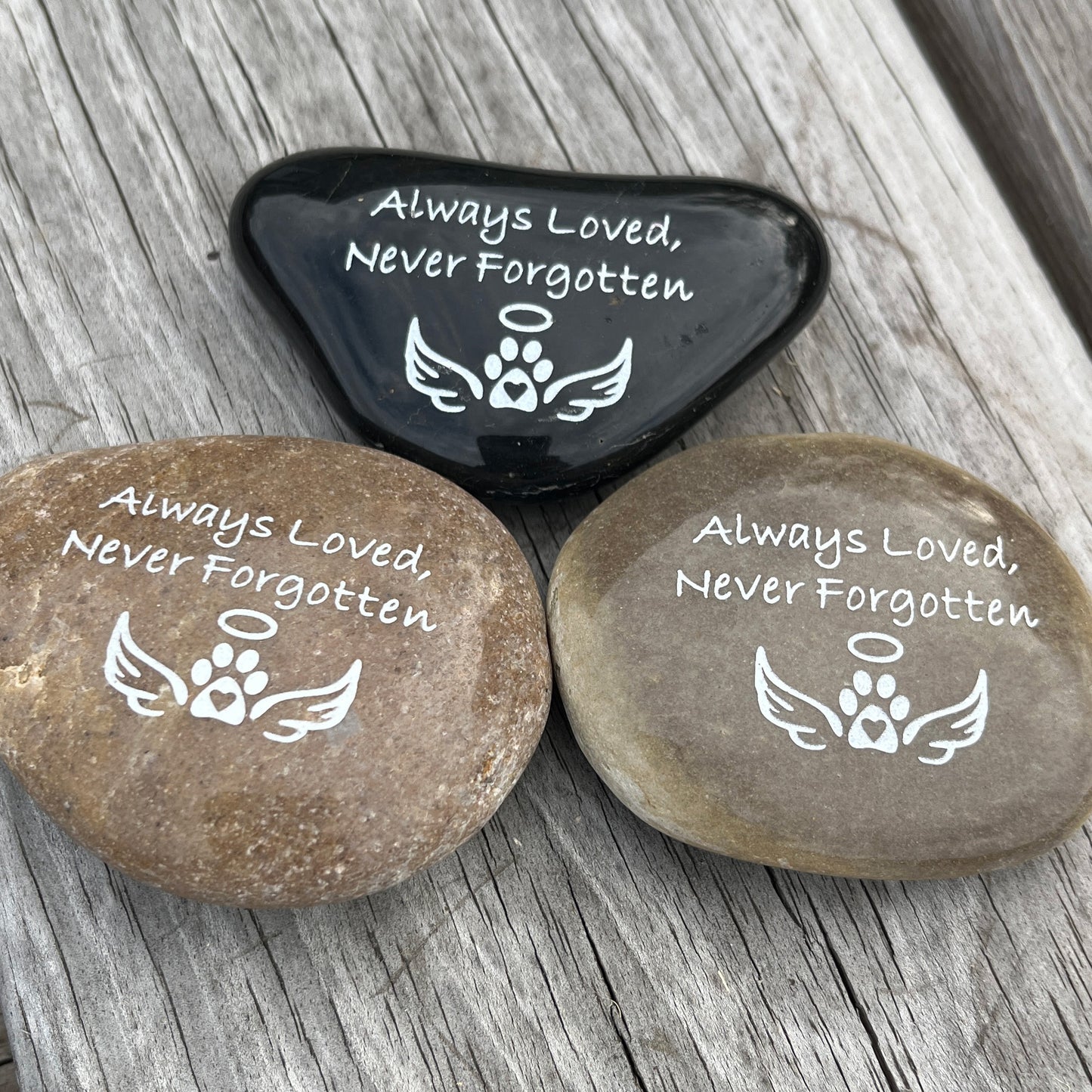 Always Loved, Never Forgotten (Pawprint  Angel Wings)- Engraved River Rock Pet Memento Word Stone