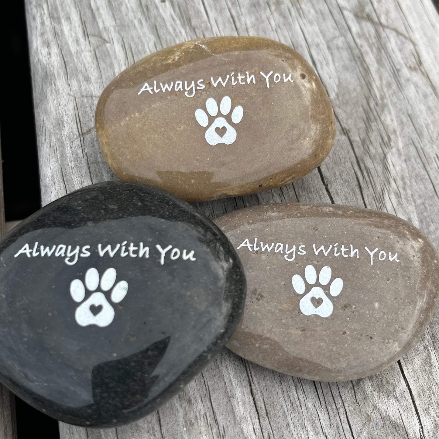 Always with You (Pawprint with Heart )- Engraved River Rock Pet Memento Word Stone