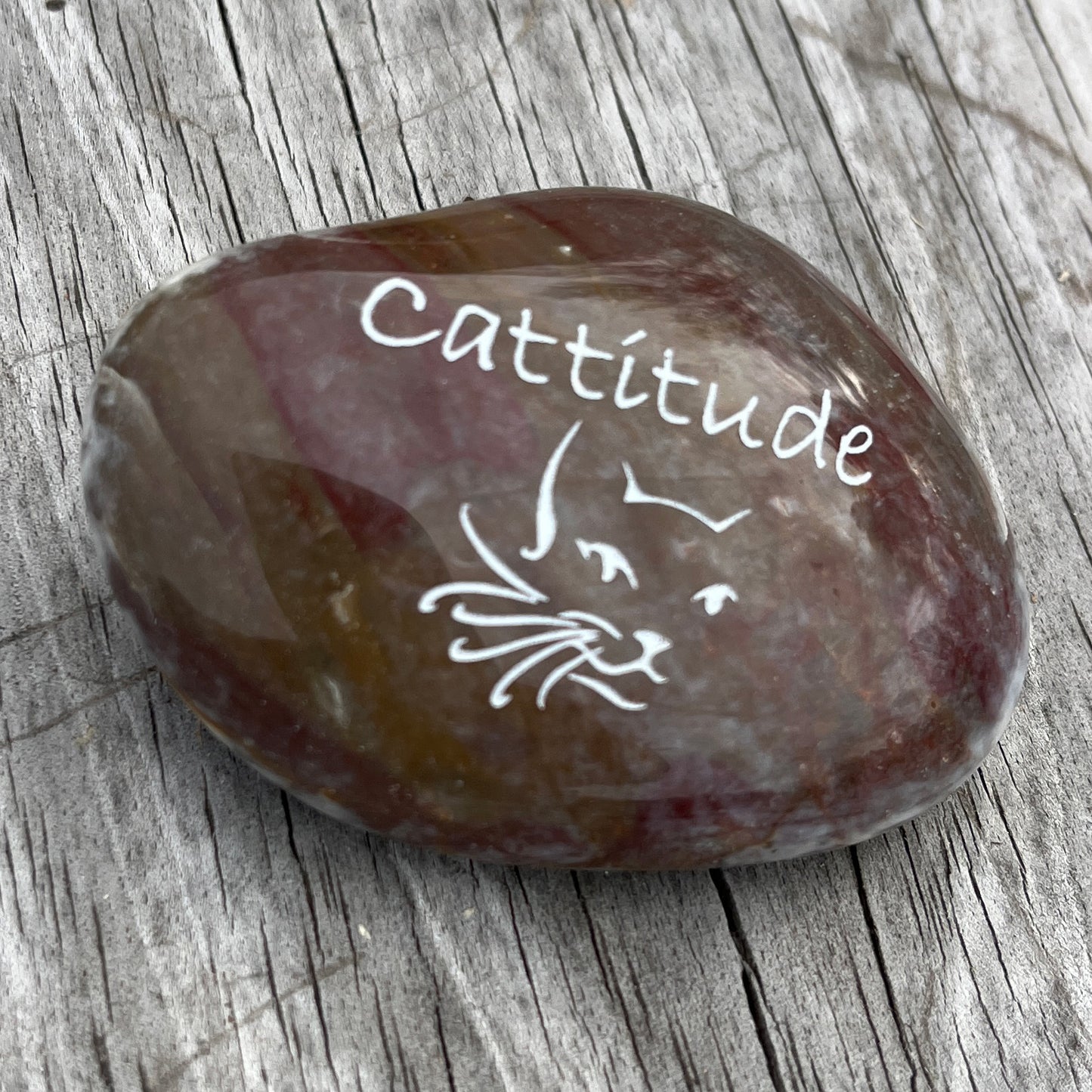 Cattitude (cat face outline)- Engraved River Rock Pet Memento Word Stone