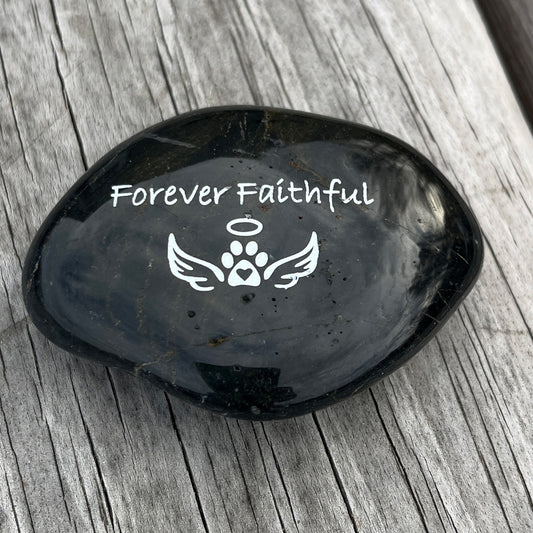 Forever Faithful (pawprint with angel wings)- Engraved River Rock Pet Memento Word Stone