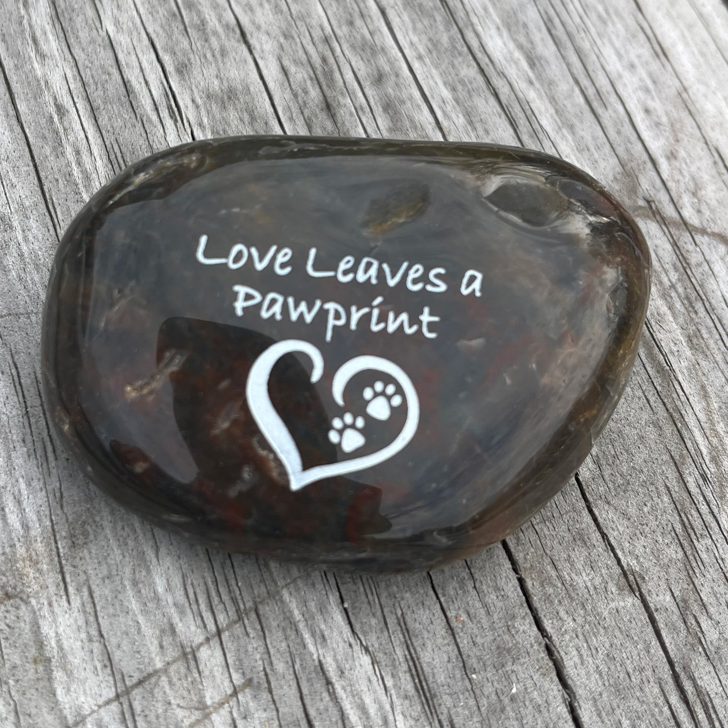 Love Leaves a Pawprint (pawprints on heart)- Engraved River Rock Pet Memento Word Stone