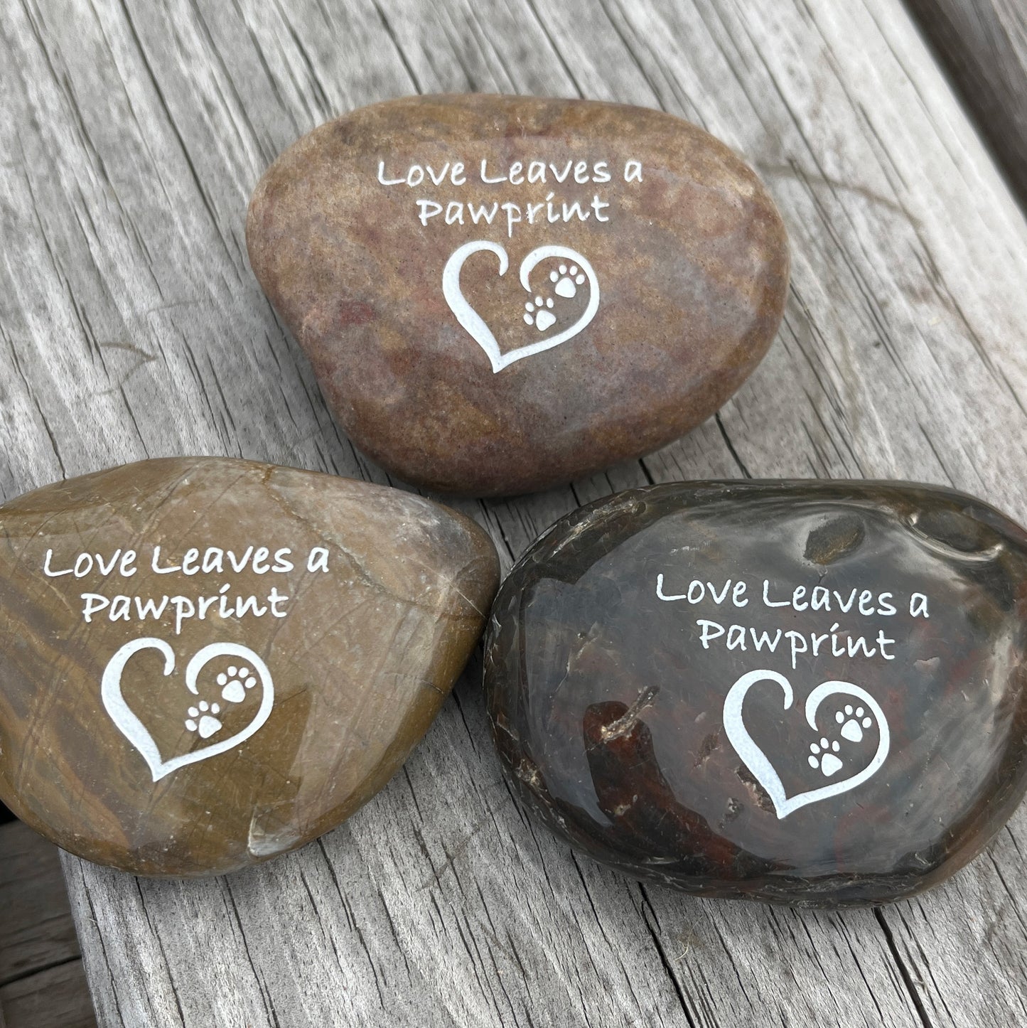 Love Leaves a Pawprint (pawprints on heart)- Engraved River Rock Pet Memento Word Stone