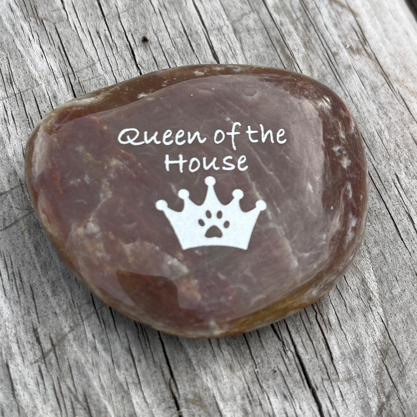 Queen of the House (crown with pawprint)- Engraved River Rock Pet Memento Word Stone