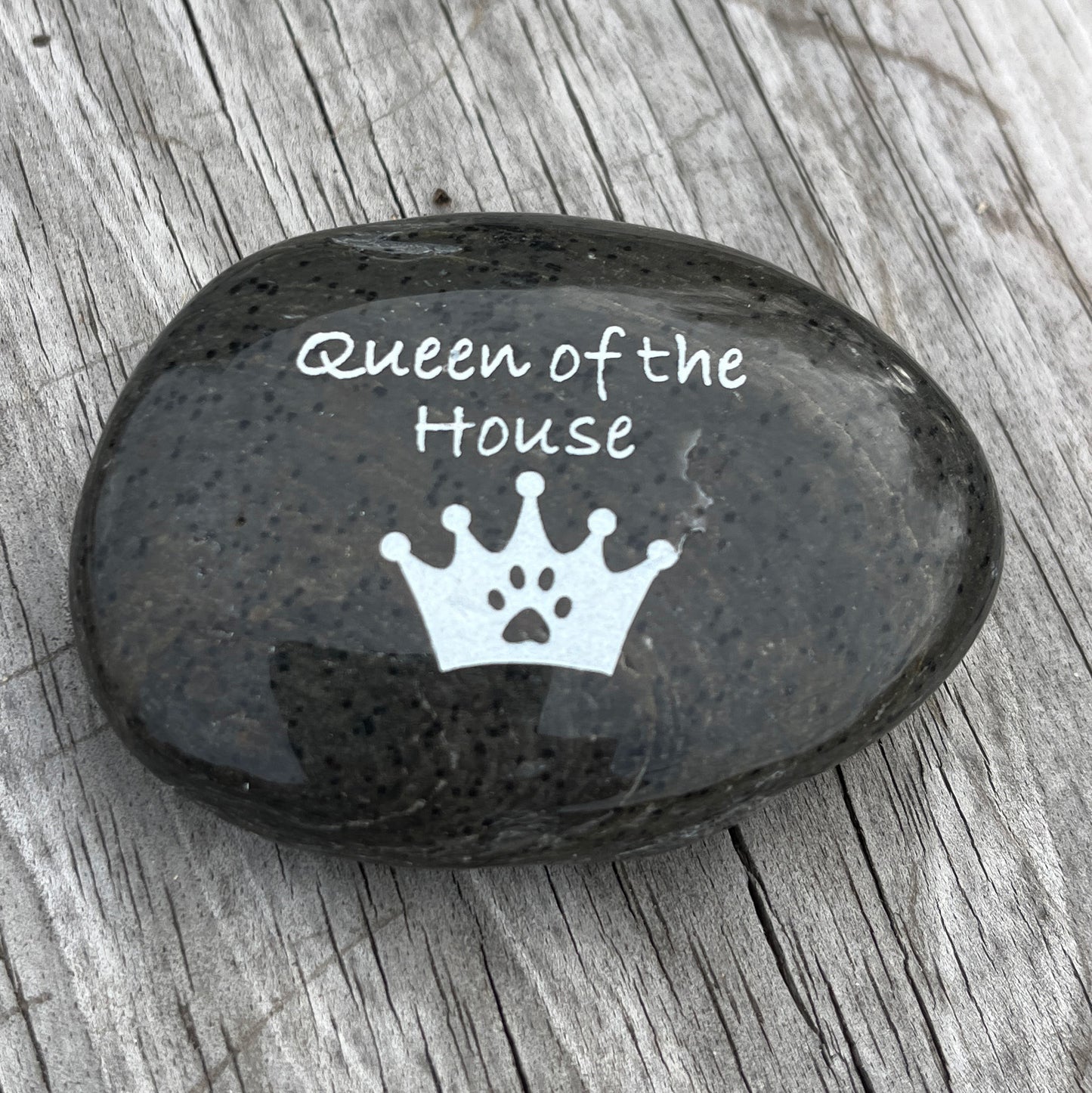 Queen of the House (crown with pawprint)- Engraved River Rock Pet Memento Word Stone