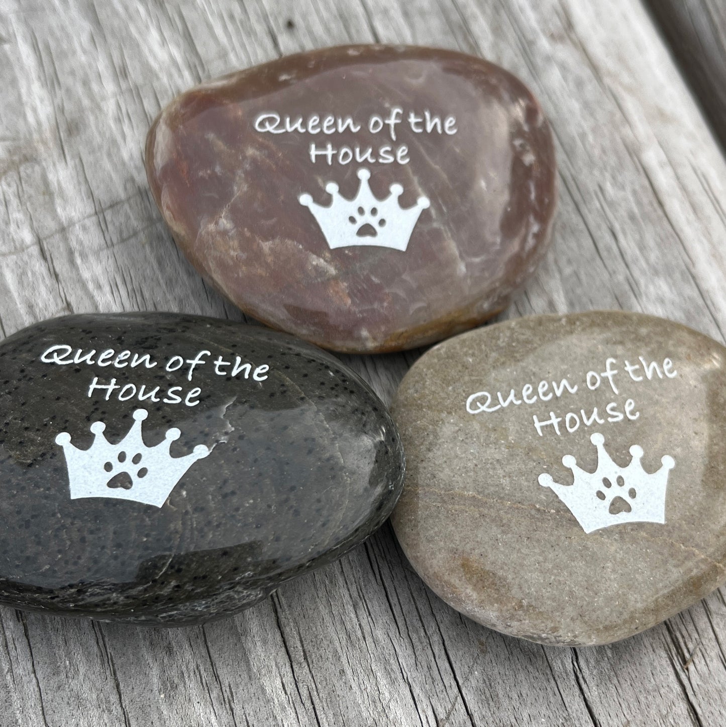 Queen of the House (crown with pawprint)- Engraved River Rock Pet Memento Word Stone